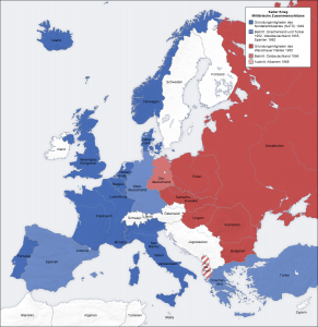 Der Eiserne Vorhang spaltete Europa jahrzehntelang. Bis heute wirkt er unbewusst in vielen Köpfen fort. Quelle: eigene Karte, basierend auf den Generic Mapping Tools und ETOPO2 , Autor: San Jose, 7. Oktober 2006