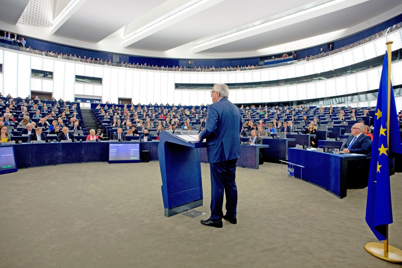 General view of the European Parliament hemicycle in Strasbourg during the speech on the "State of the Union Address 2017" by Jean-Claude Juncker, at the podium